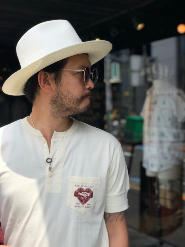 BY GLAD HAND HEARTLAND DAILY - S/S HENRY NECK T-SHIRTS WHITE×BURGUNDY