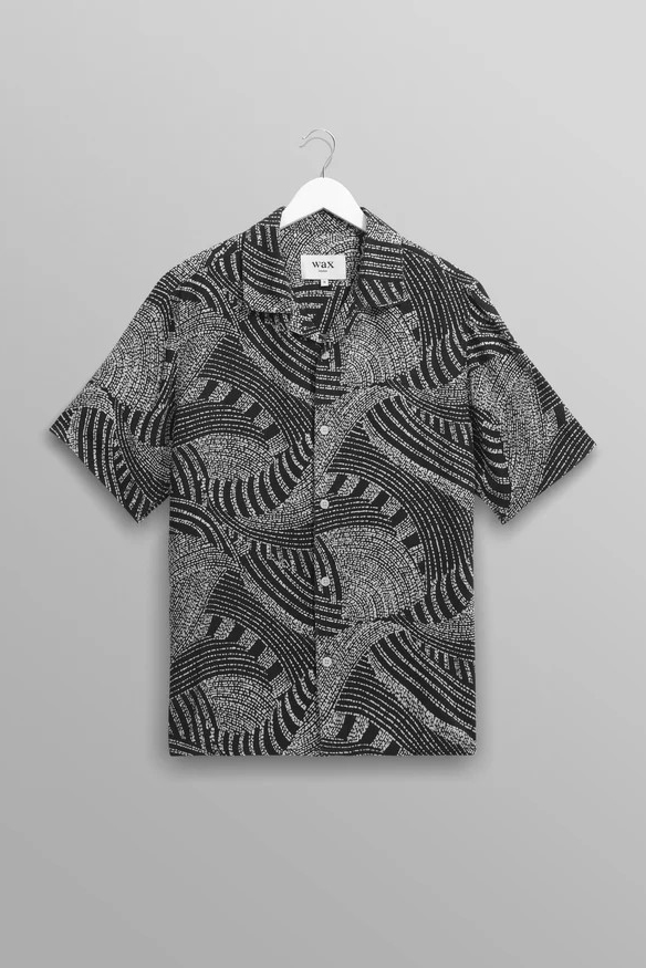 wax london Didcot - Navy And Ecru Abstract Print Short-Sleeve Shirt