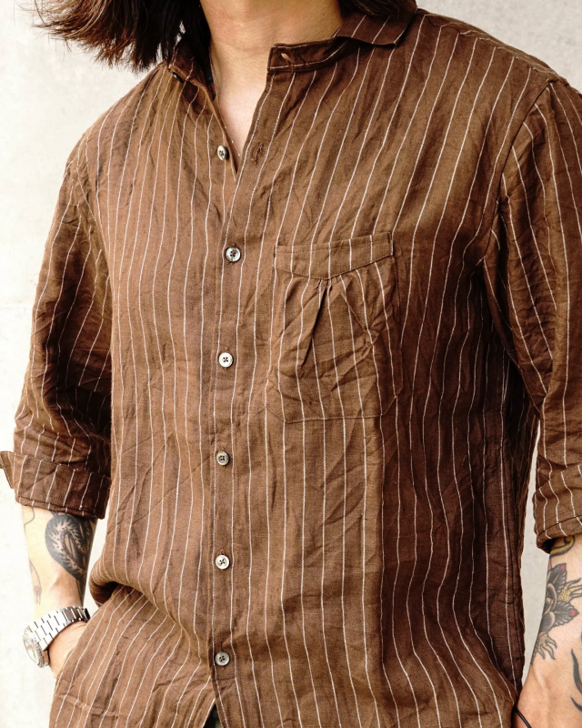 Django Atour classic frenchwork quartersleeve linen shirt / brown x white