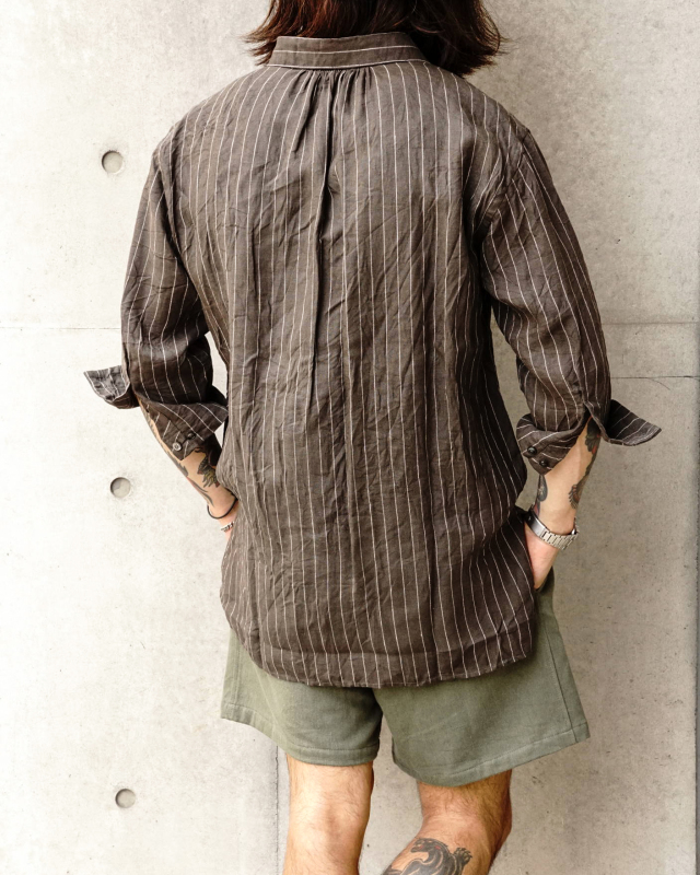 Django Atour classic frenchwork quartersleeve linen shirt / khaki x white