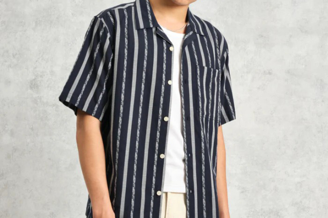 wax london Didcot - Navy Fleck Stripe Short-Sleeve Shirt