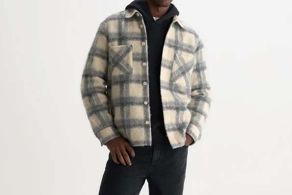 wax london Whiting - Ecru And Grey Check Wool Blend Overshirt