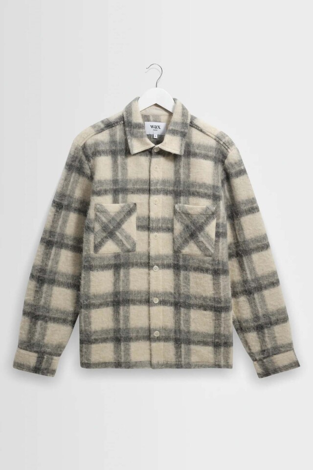 wax london Whiting - Ecru And Grey Check Wool Blend Overshirt