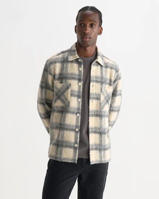 wax london Whiting - Ecru And Grey Check Wool Blend Overshirt