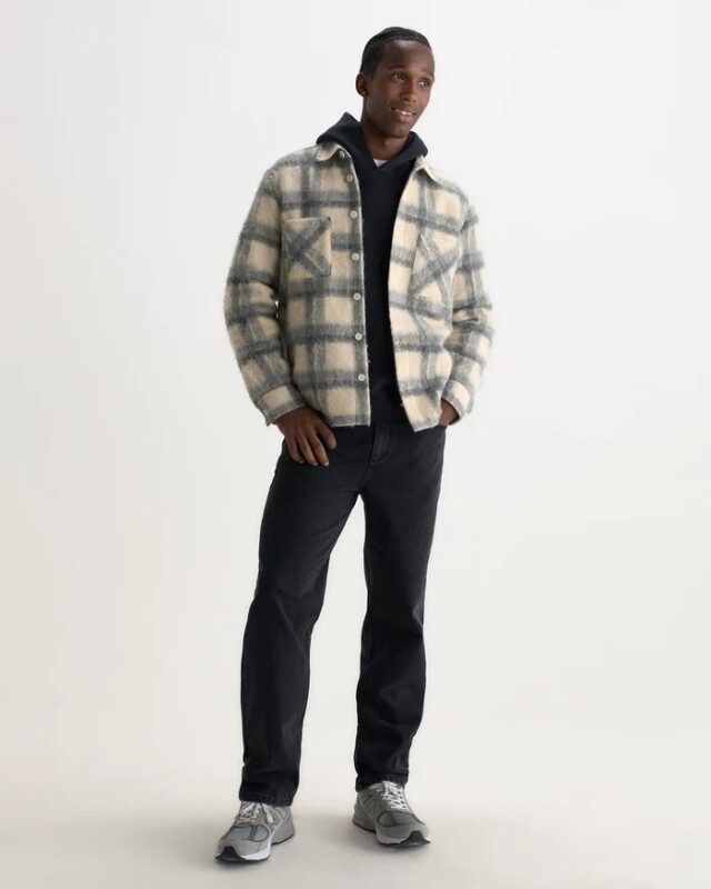 wax london Whiting - Ecru And Grey Check Wool Blend Overshirt