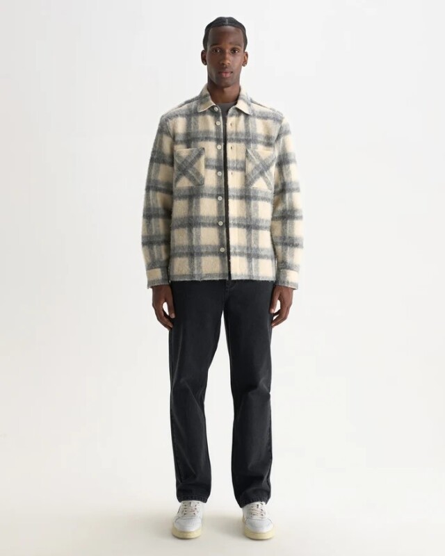 wax london Whiting - Ecru And Grey Check Wool Blend Overshirt