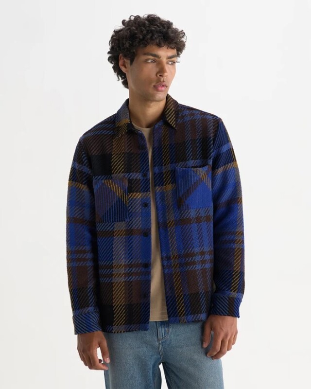 wax london Whiting - Blue And Brown Bold Check Overshirt