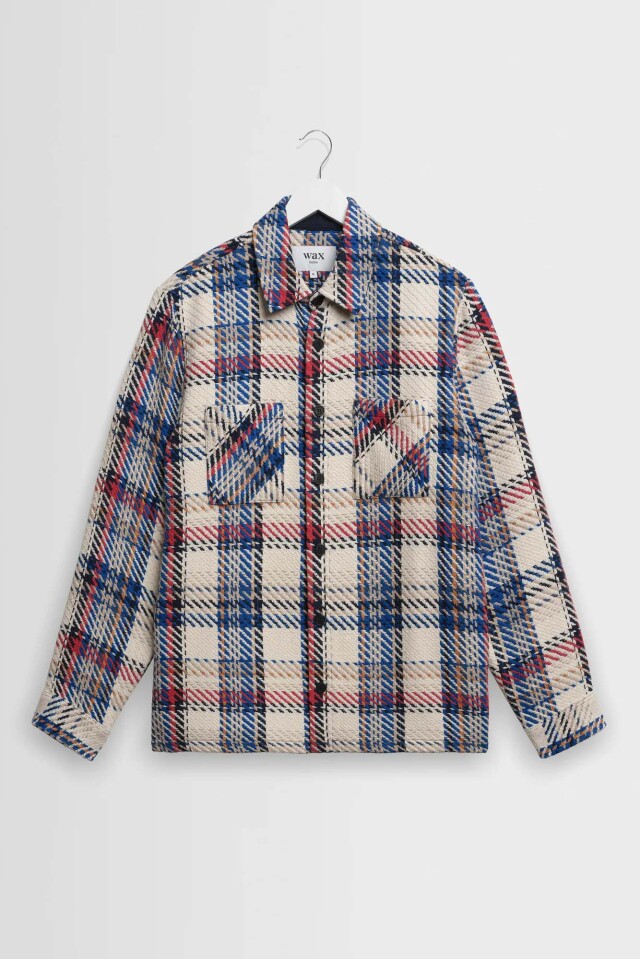 wax london Whiting - Ecru And Red Jazz Weave Check Overshirt