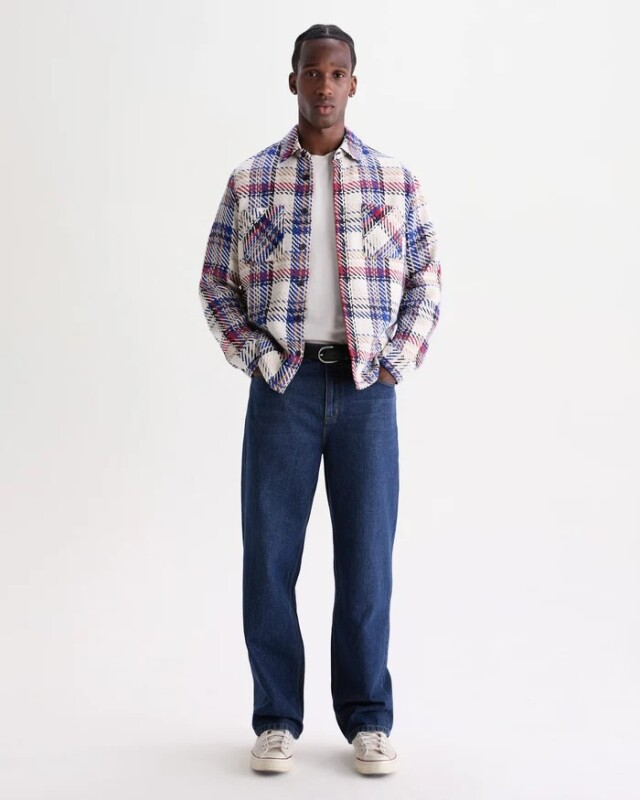 wax london Whiting - Ecru And Red Jazz Weave Check Overshirt
