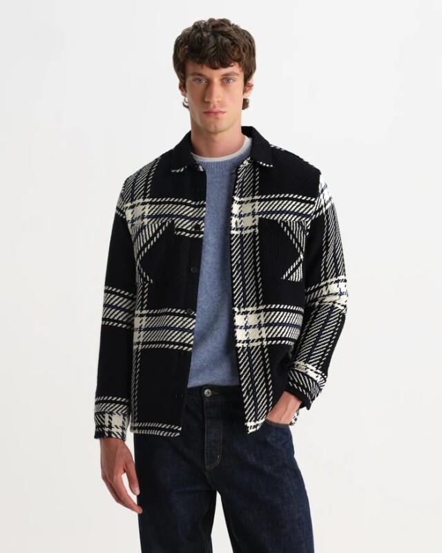 wax london Whiting - Black And Ecru Oversize Grid Check Overshirt