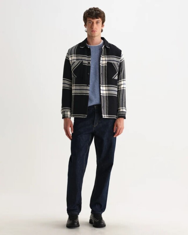 wax london Whiting - Black And Ecru Oversize Grid Check Overshirt