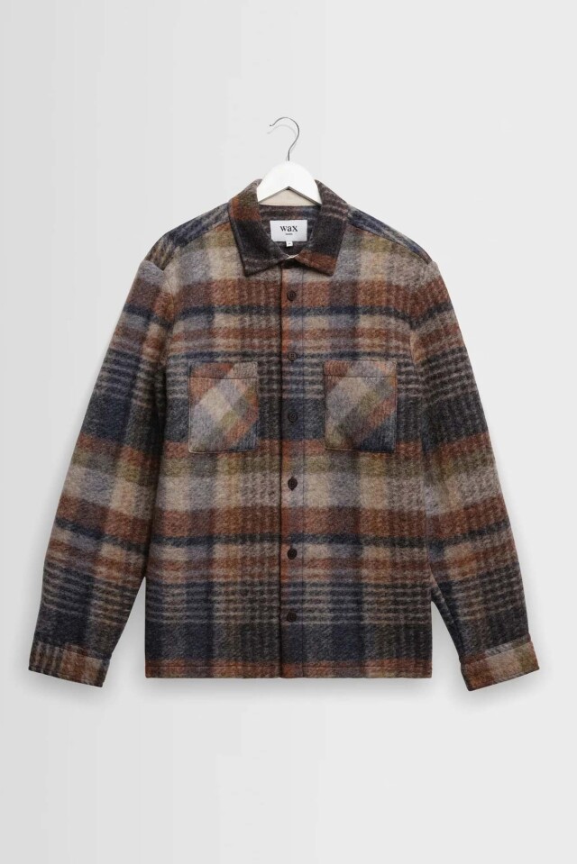 wax london Whiting - Oatmeal And Multicolour Check Wool Blend Overshirt