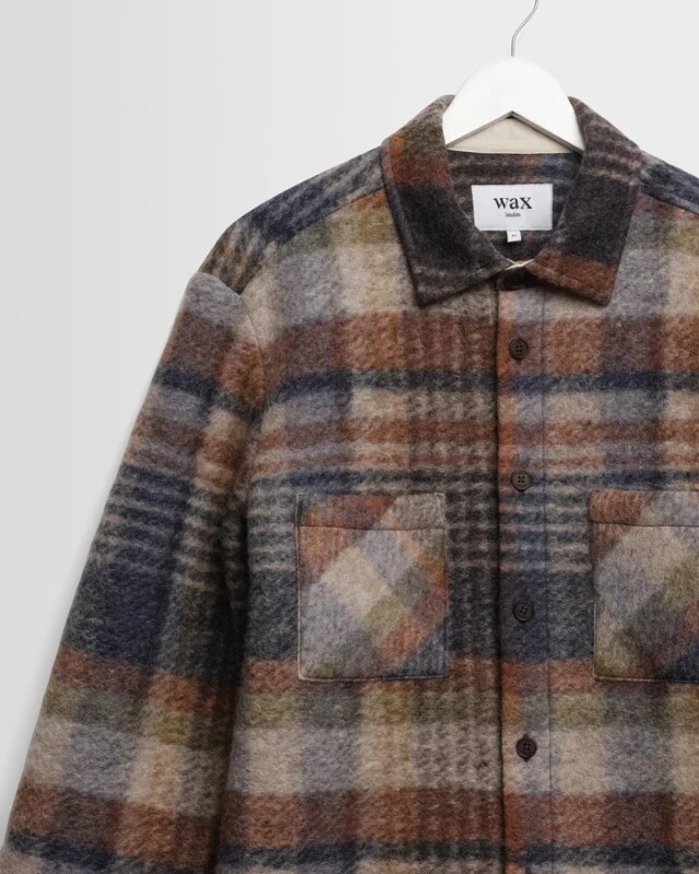 wax london Whiting - Oatmeal And Multicolour Check Wool Blend Overshirt