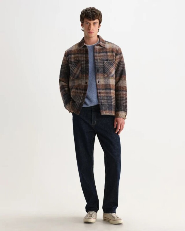 wax london Whiting - Oatmeal And Multicolour Check Wool Blend Overshirt