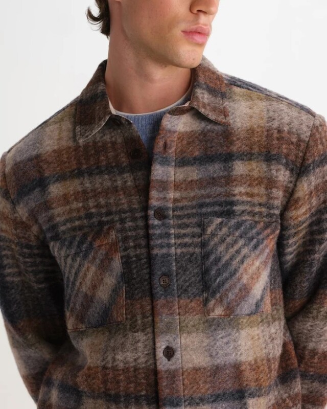 wax london Whiting - Oatmeal And Multicolour Check Wool Blend Overshirt