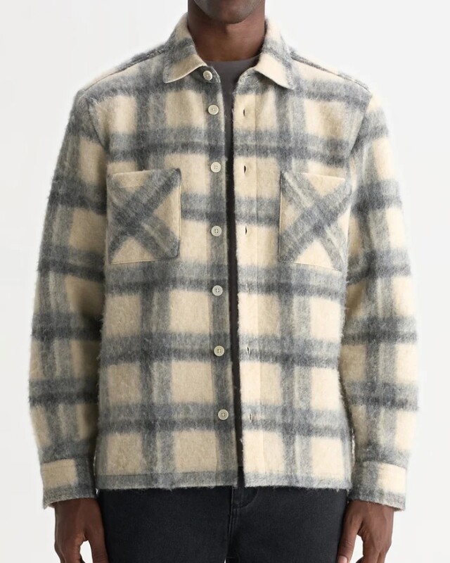wax london Whiting - Ecru And Grey Check Wool Blend Overshirt