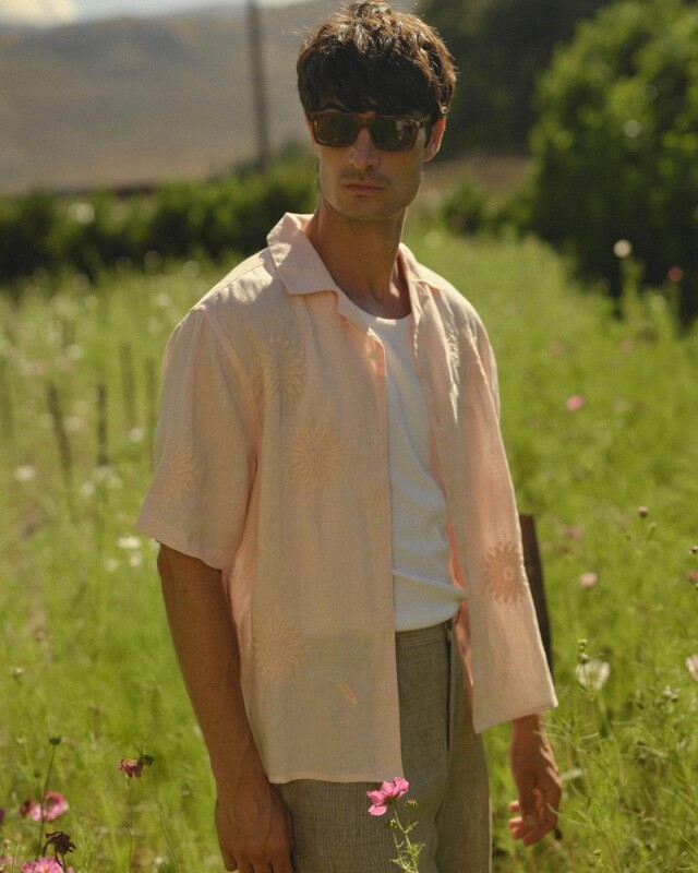 wax london Didcot - Pink Flower Embroidered Short-Sleeve Shirt