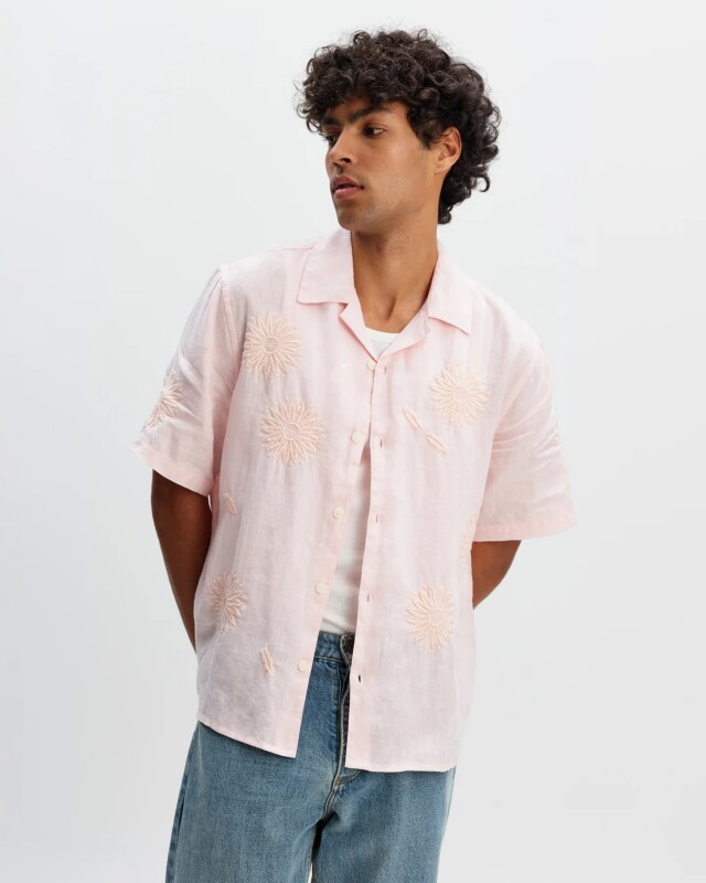 wax london Didcot - Pink Flower Embroidered Short-Sleeve Shirt