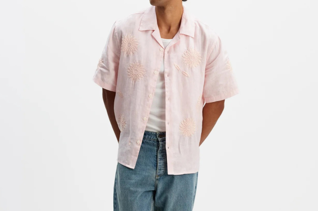 wax london Didcot - Pink Flower Embroidered Short-Sleeve Shirt
