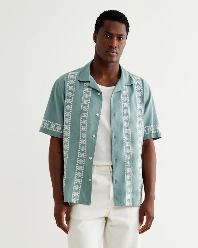 wax london Didcot - Sea Green And Ecru Embroidered Short-Sleeve Shirt