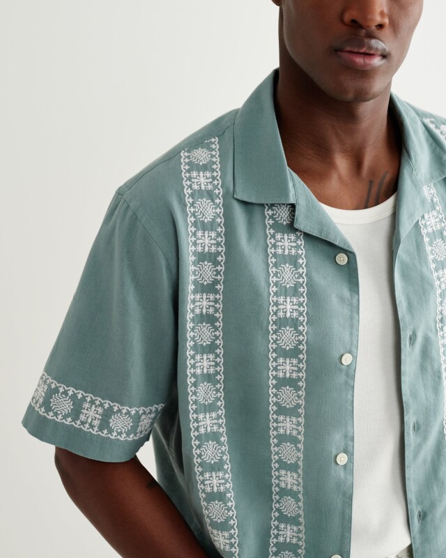 wax london Didcot - Sea Green And Ecru Embroidered Short-Sleeve Shirt