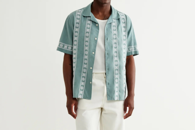 wax london Didcot - Sea Green And Ecru Embroidered Short-Sleeve Shirt