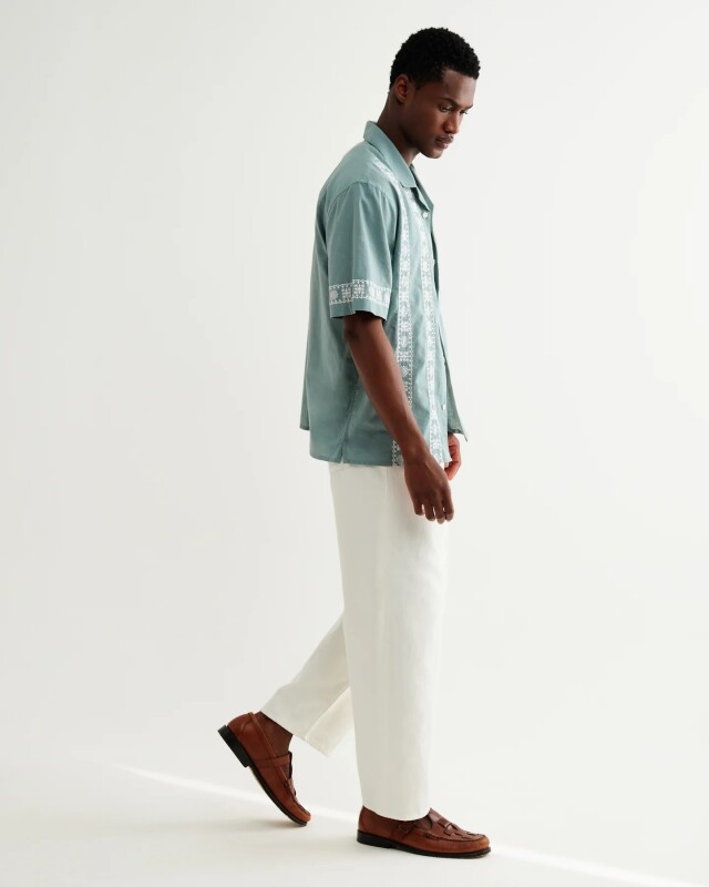 wax london Didcot - Sea Green And Ecru Embroidered Short-Sleeve Shirt