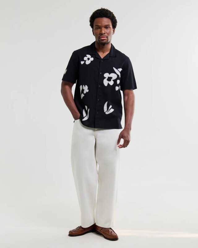 wax london Didcot - Black And Beige Abstract Applique Short-Sleeve Shirt