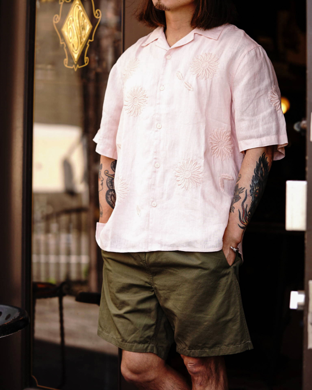 wax london Didcot - Pink Flower Embroidered Short-Sleeve Shirt