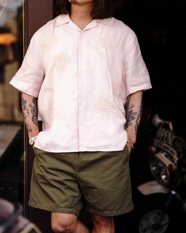 wax london Didcot - Pink Flower Embroidered Short-Sleeve Shirt