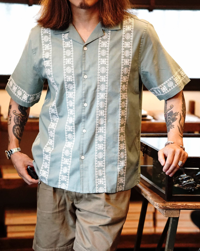 wax london Didcot - Sea Green And Ecru Embroidered Short-Sleeve Shirt