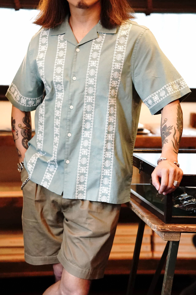 wax london Didcot - Sea Green And Ecru Embroidered Short-Sleeve Shirt