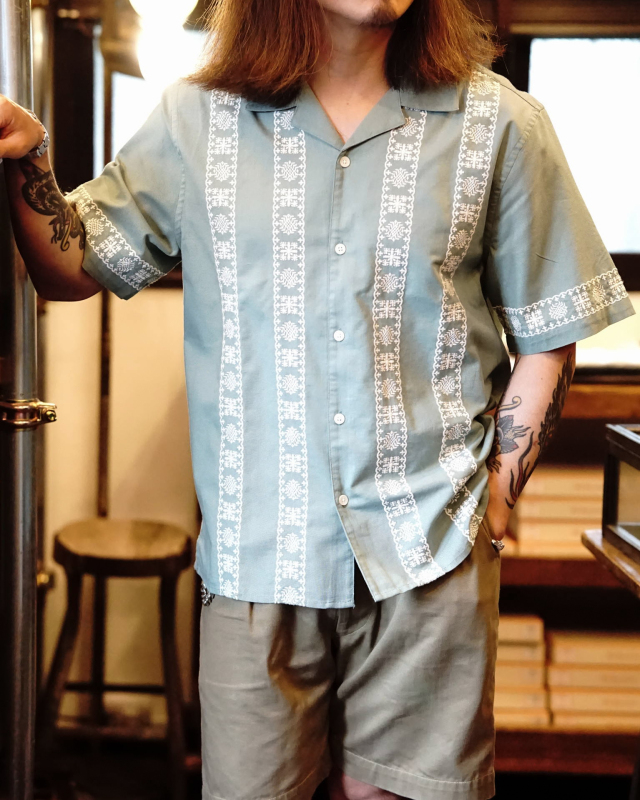 wax london Didcot - Sea Green And Ecru Embroidered Short-Sleeve Shirt